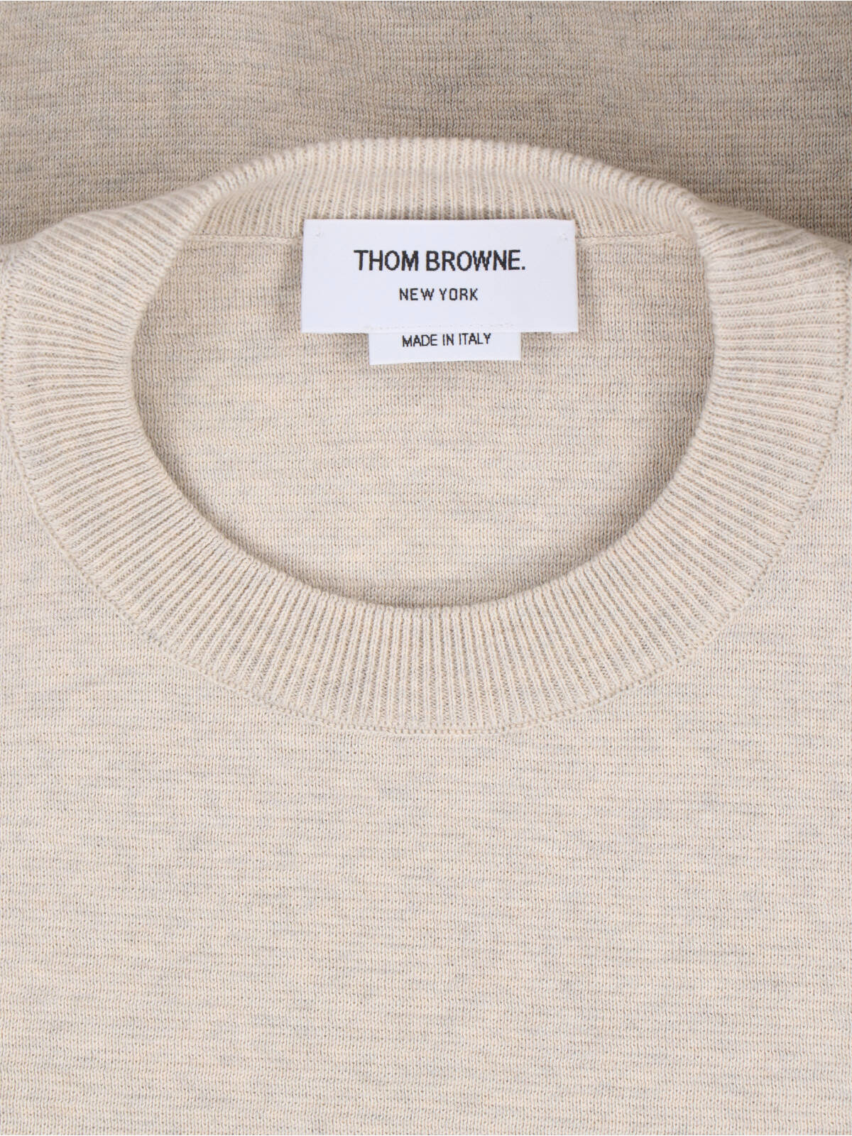 Beige Cotton Crew Neck Sweater with Four-Bar Detail
