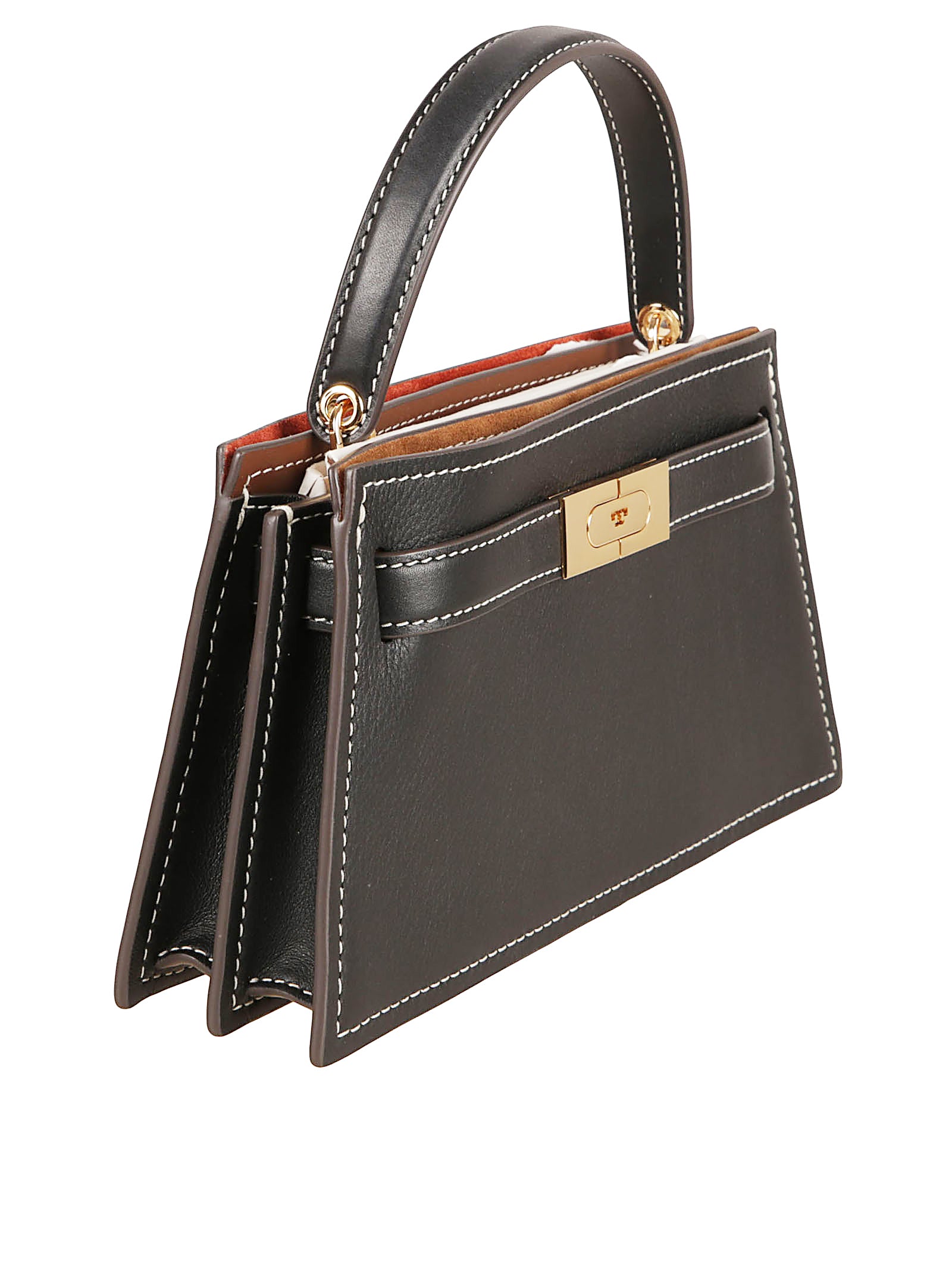 Structured Black Leather and Suede Handbag with T-Buckle Closure