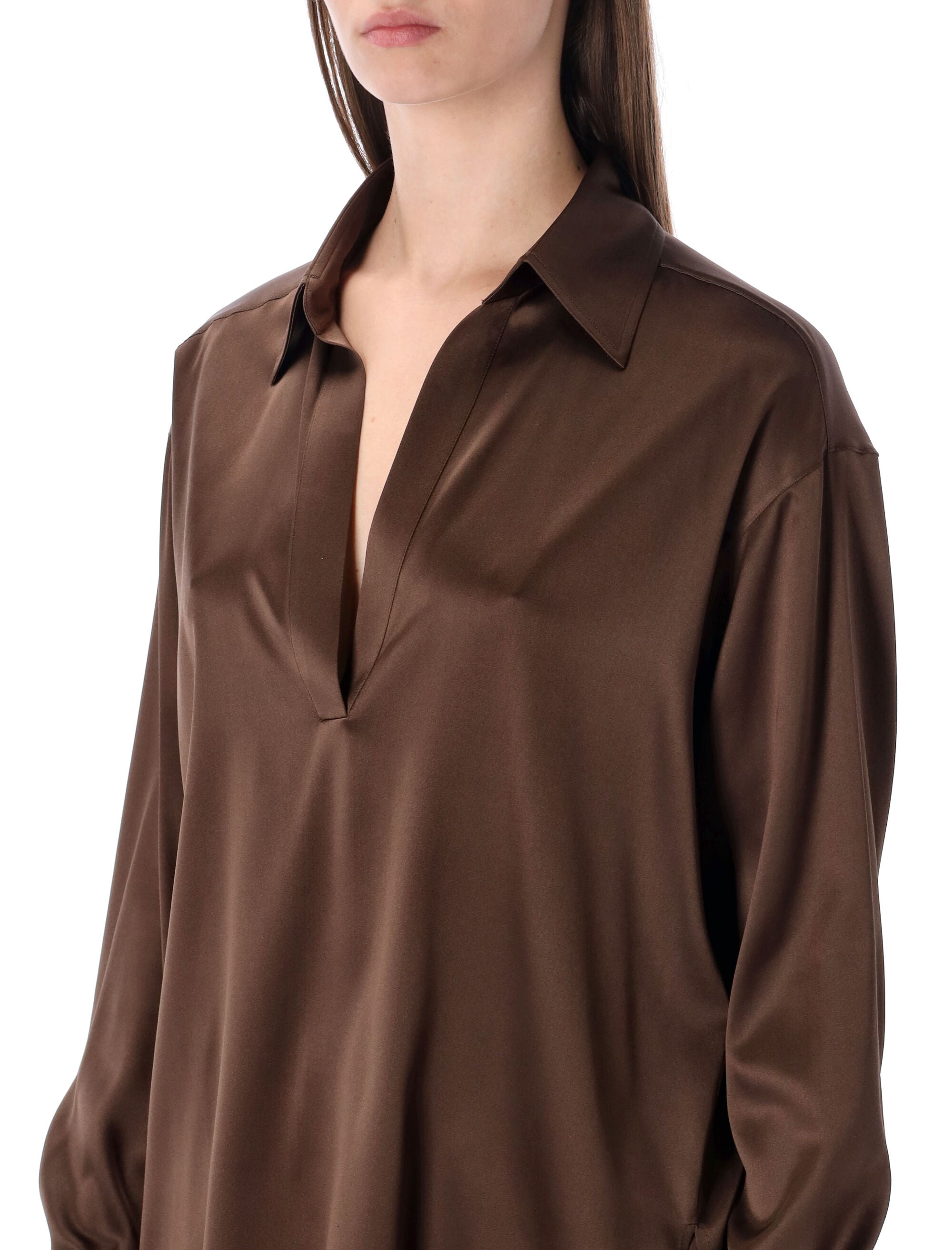 Cinnamon Silk Satin Long-Sleeved Polo With Tonal Logo