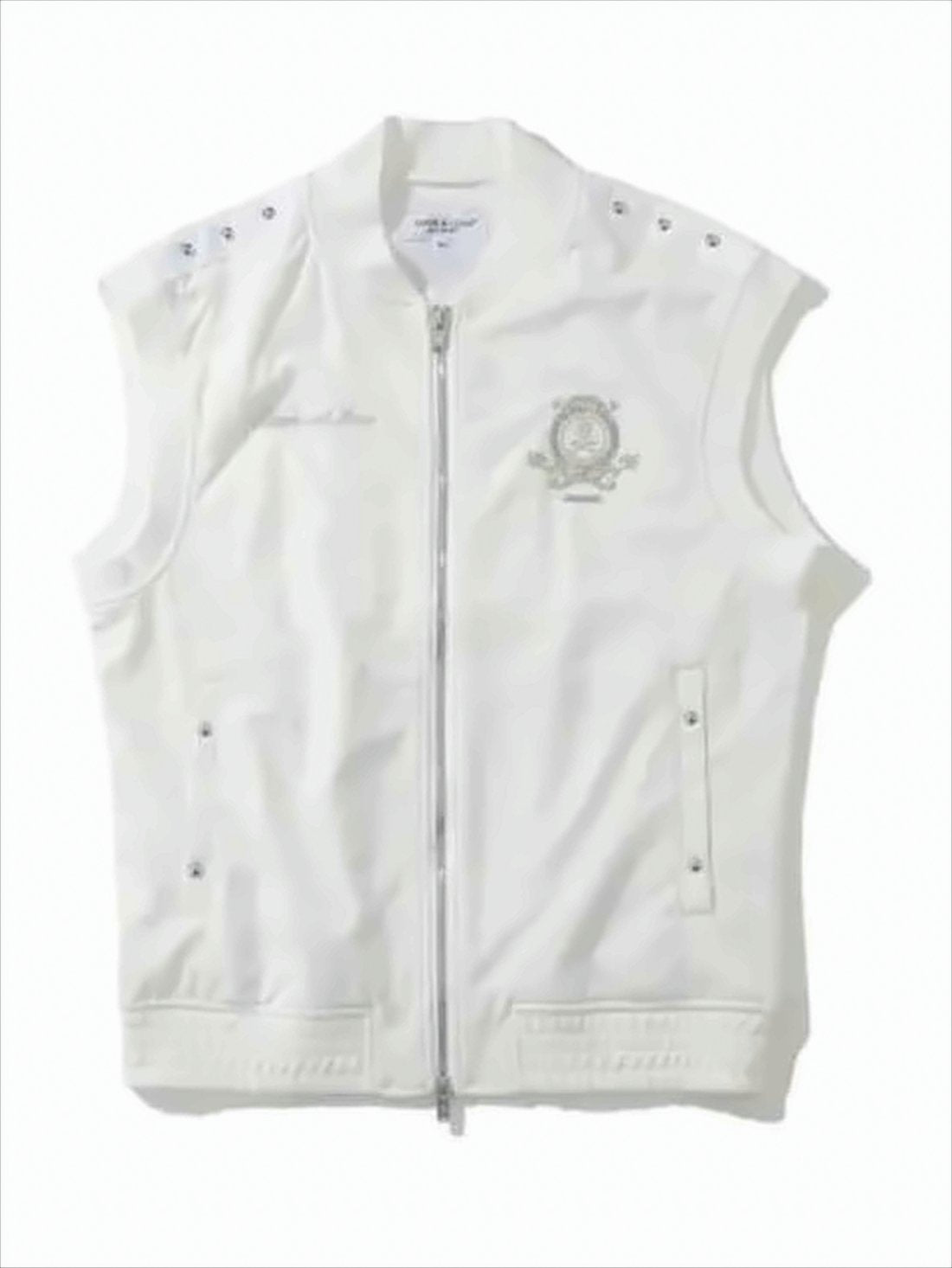 Minimalist White Vest with Zipper Closure and Embroidered Emblem