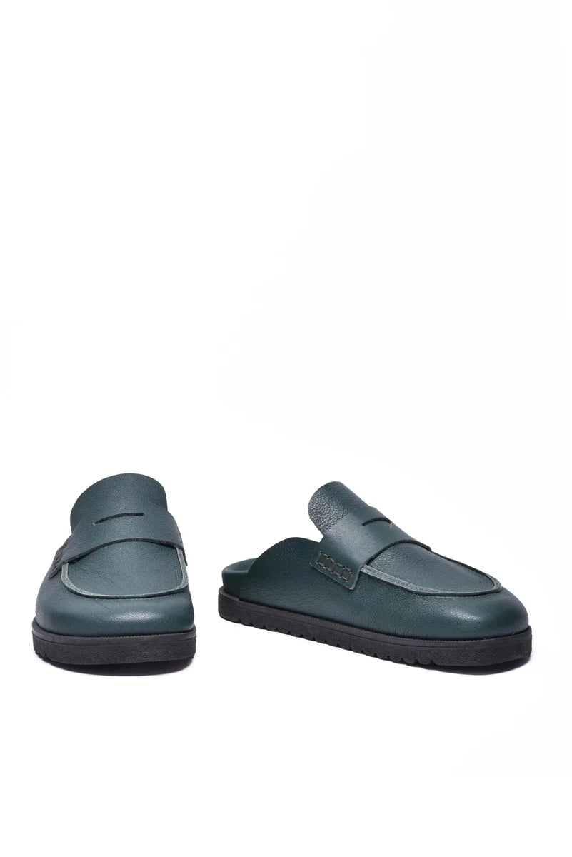 Green Leather Mules with Rubber Sole