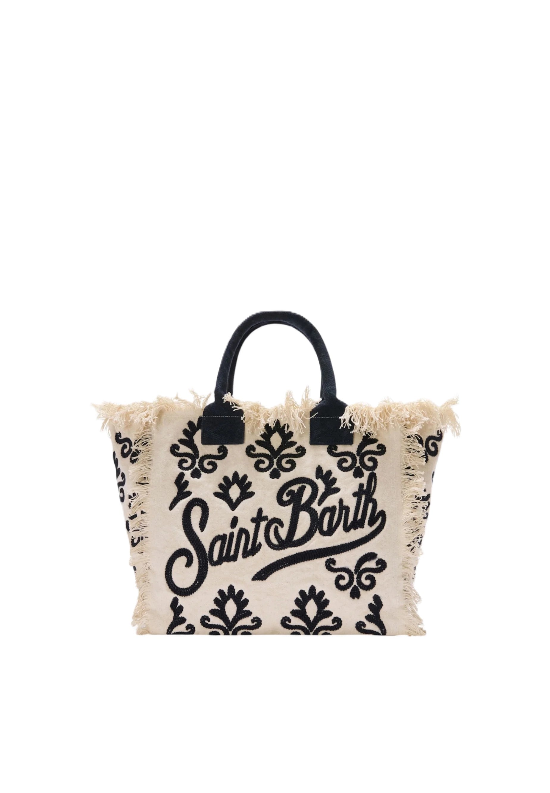 Fringed Natural Beige Tote Bag with Black Detailing