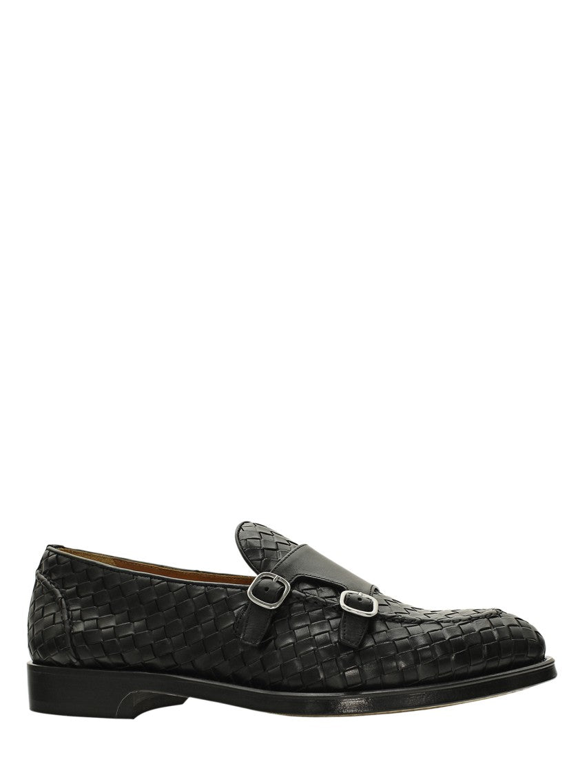 Woven Black Calf Leather Loafers With Dual Buckle Accents