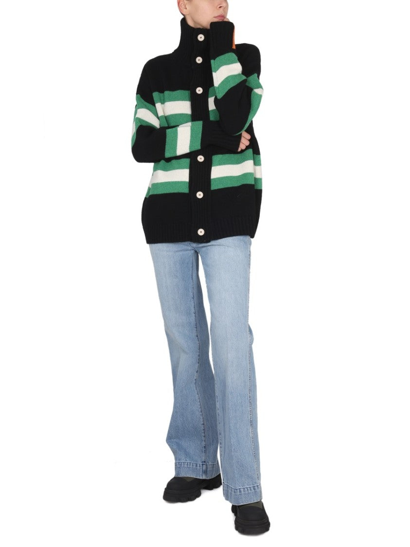 High Neck Button Closure Striped Cardigan