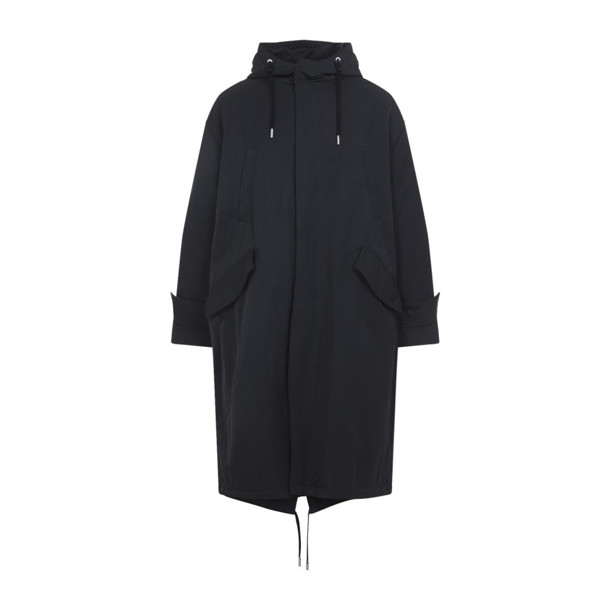 Long Grey Polyamide Jacket With Adjustable Hood And Flap Pockets