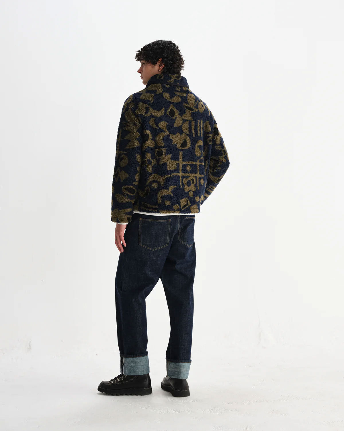 Navy Fleece Jacket with Khaki Abstract Pattern