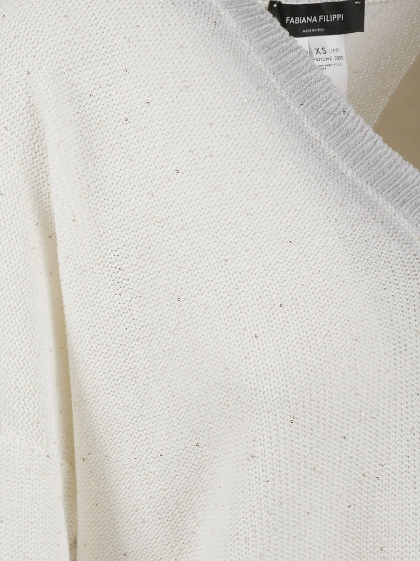 V-Neck White Sweater With Subtle Shimmer