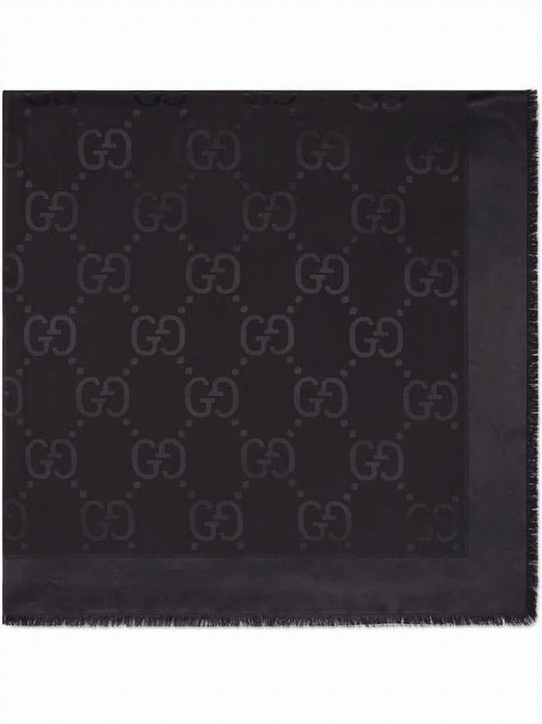 Black GG Patterned Rectangular Scarf with Fringed Edges