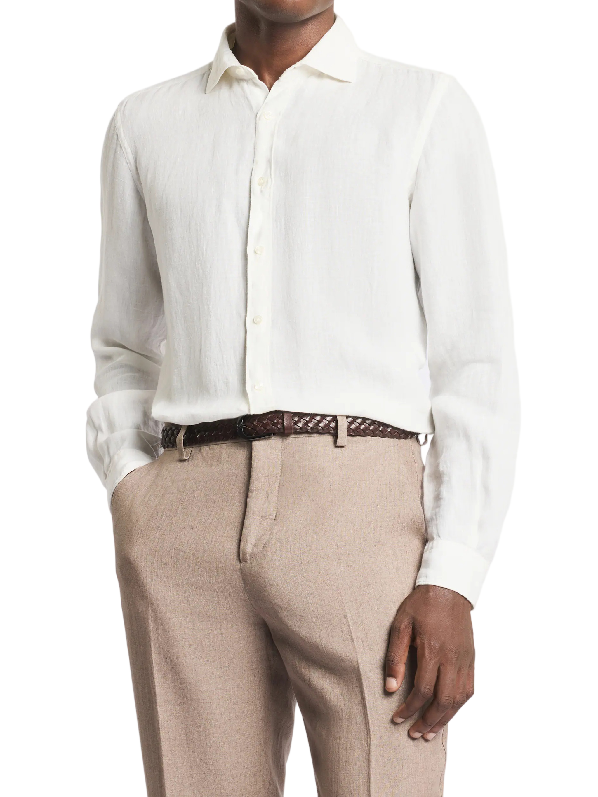 White Long-Sleeve Button-Down Textured Shirt