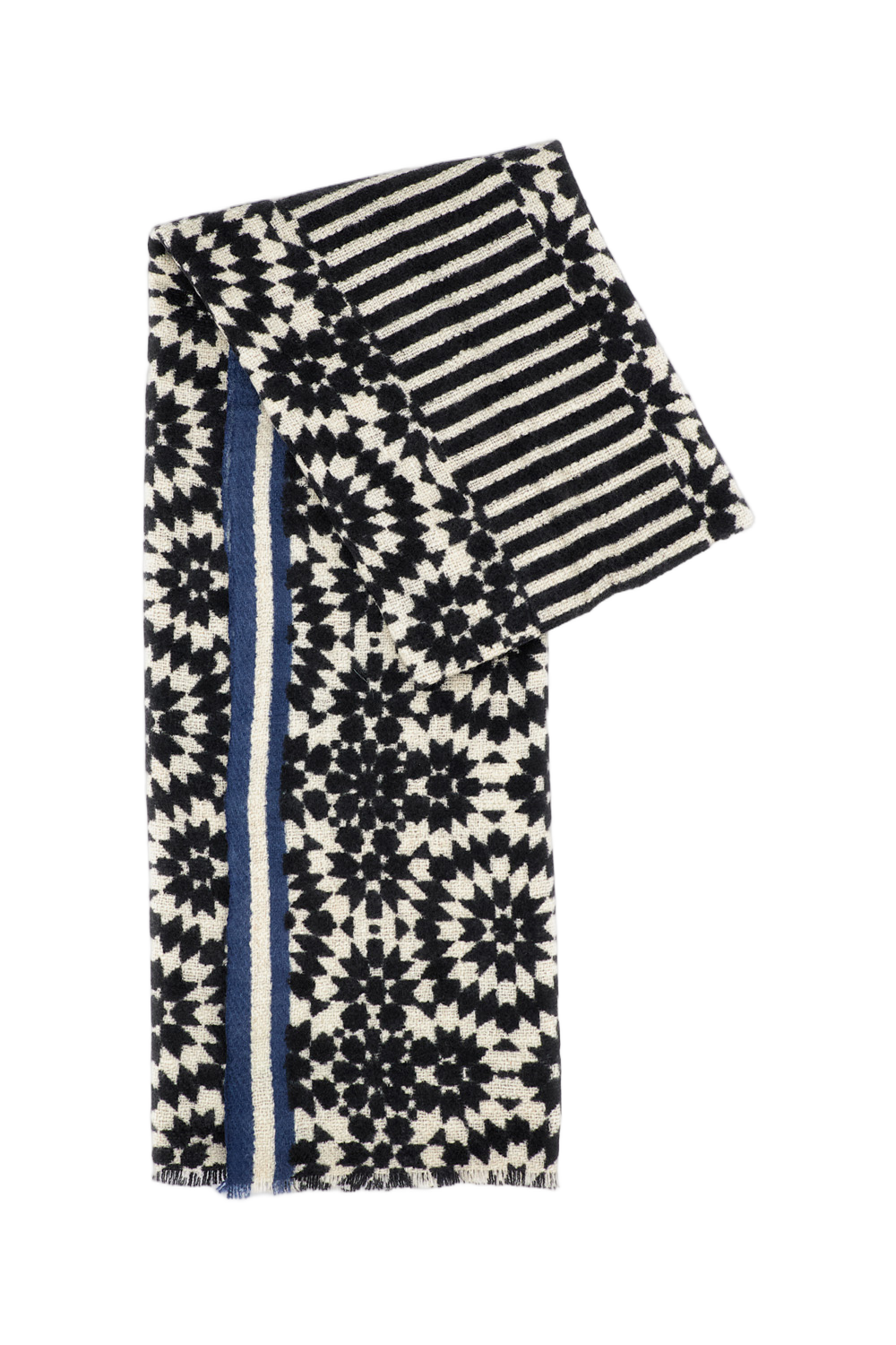 Artisanal Geometric Cashmere Scarf With Striped Border