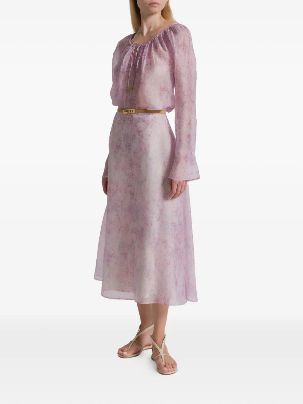 Pastel Floral Organza Blouse with Gathered Neckline
