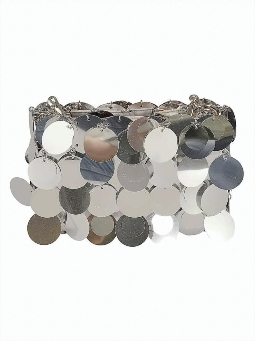 Futuristic Silver Disc Clutch with Chain Strap