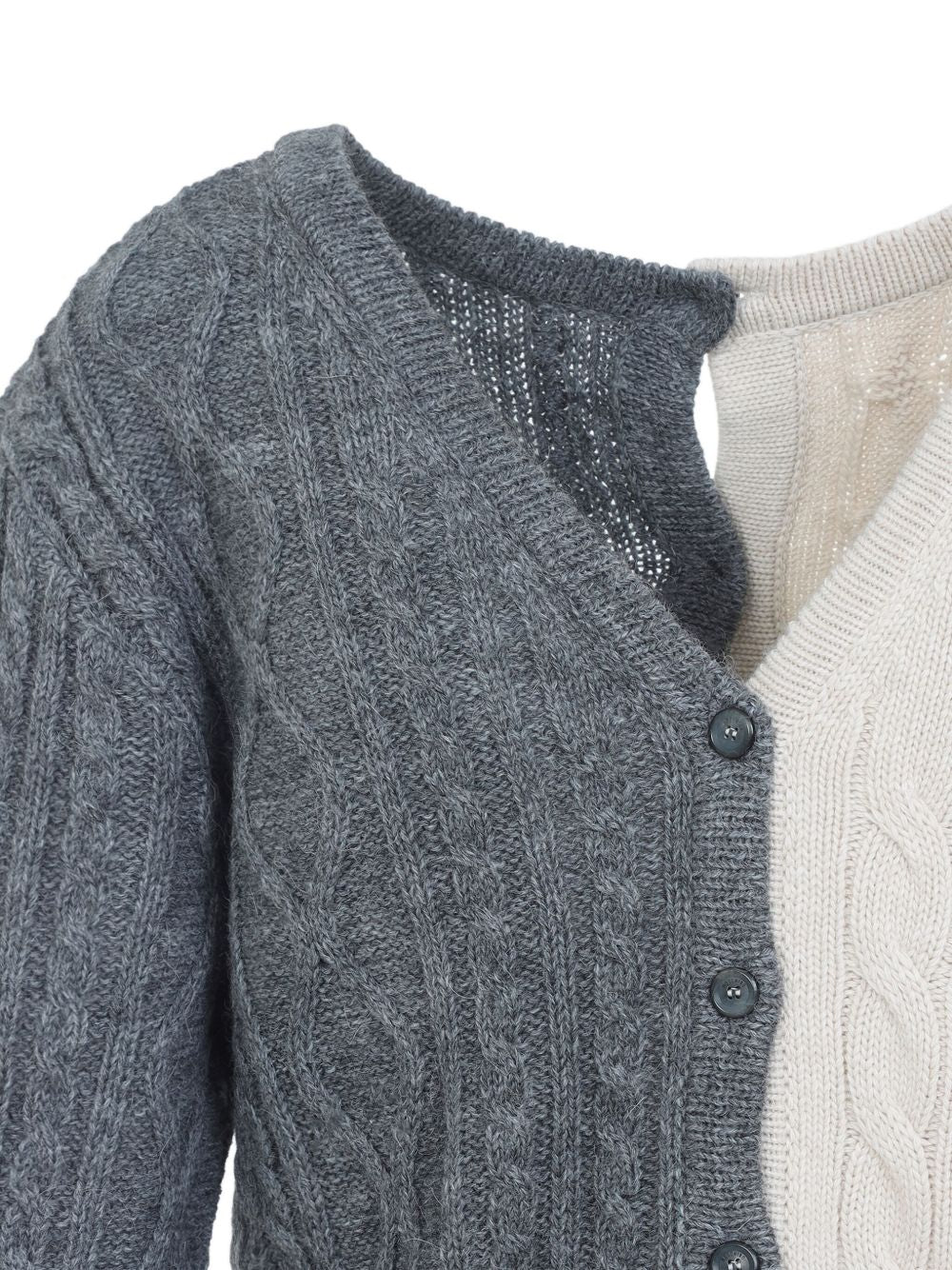 Two-Tone Off-White and Grey Cable Knit Sweater
