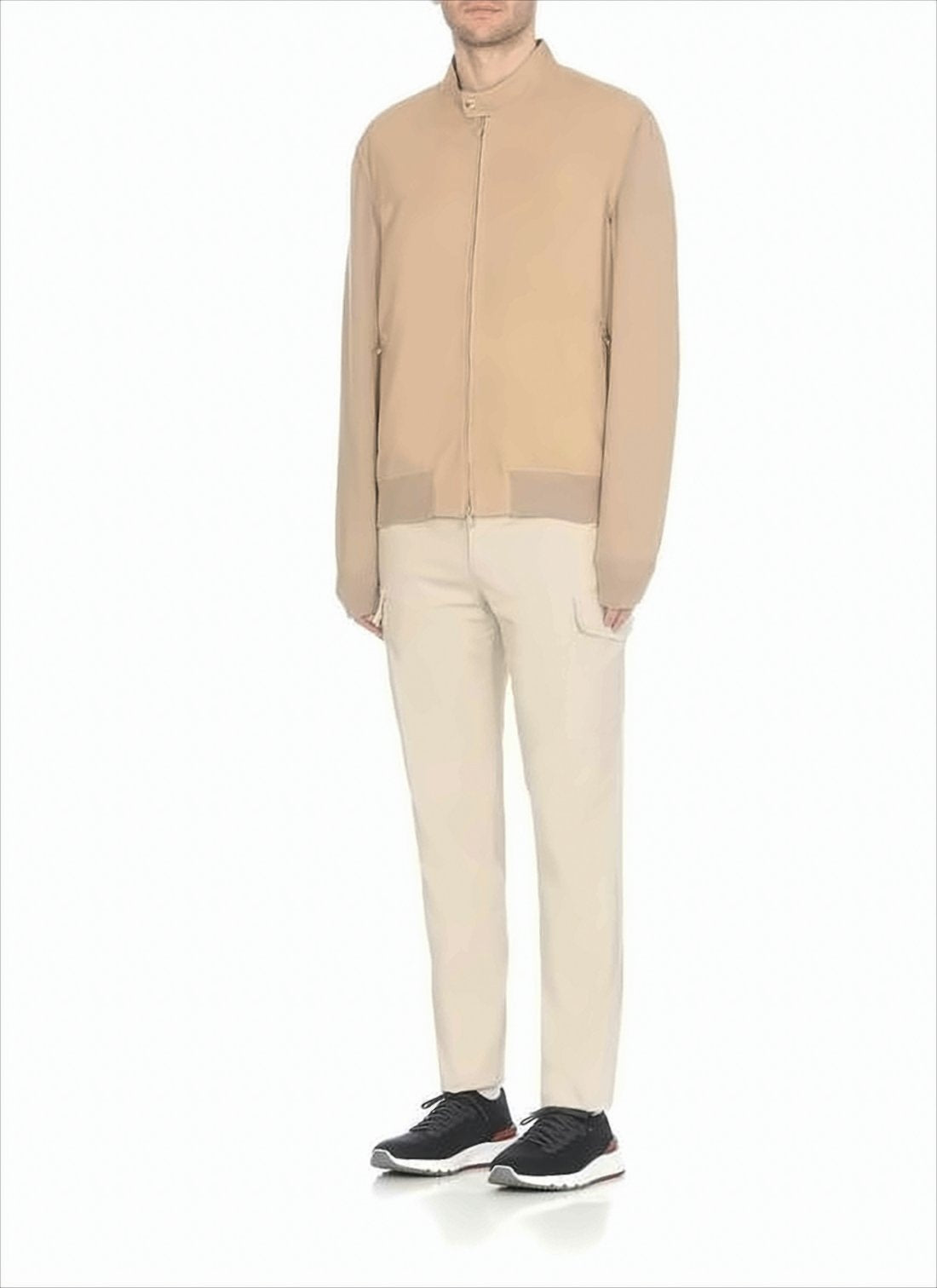 Smooth Leather Bomber Jacket with Knit Sleeves