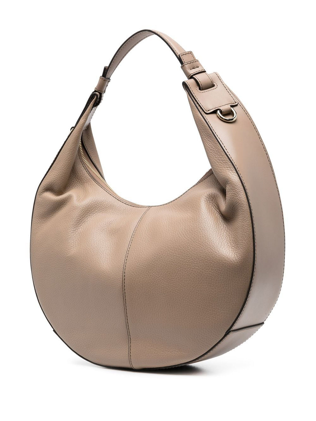 Crescent-Shaped Grey Leather Bag with Adjustable Strap