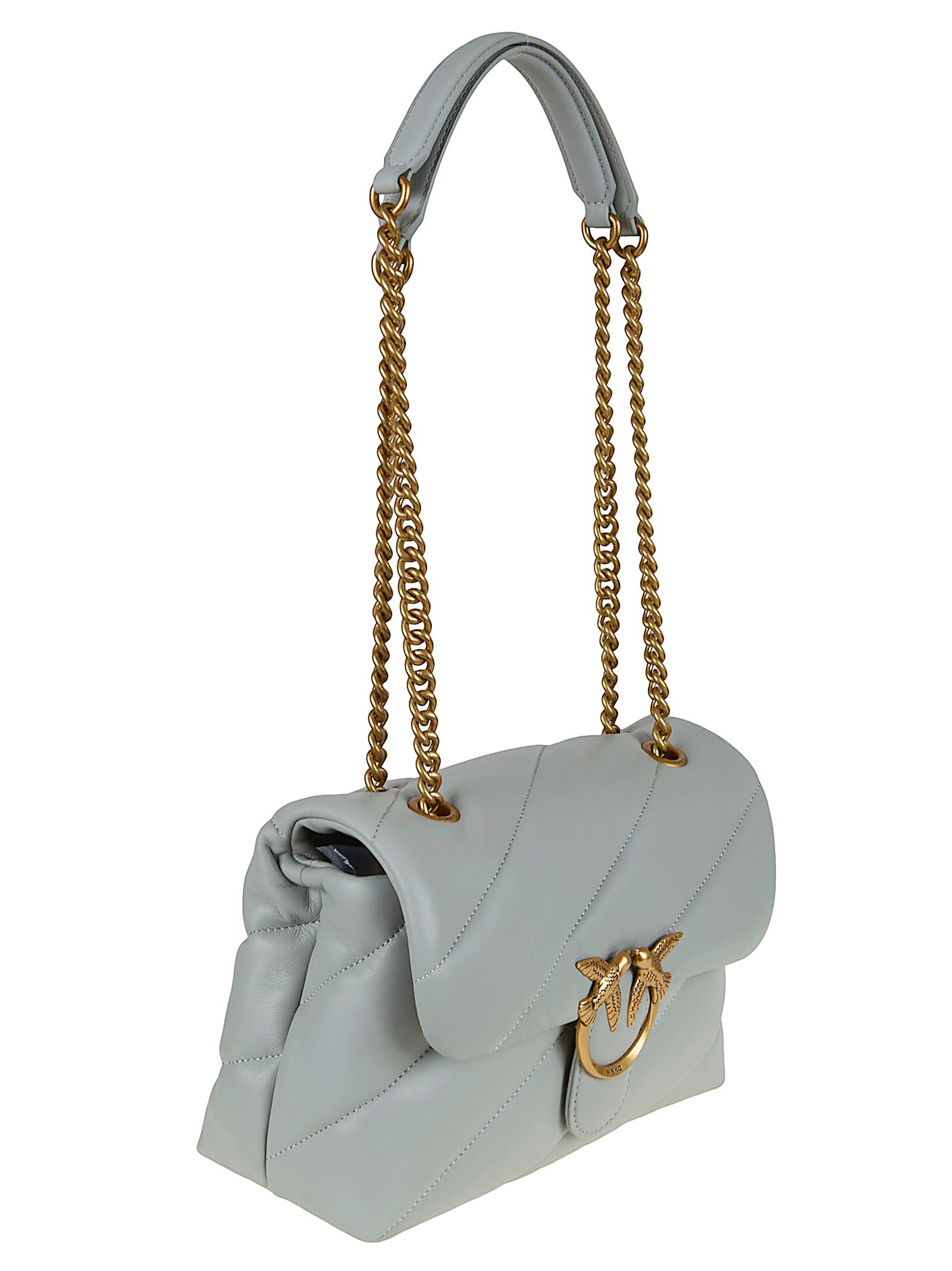 Quilted Grey Puff Shoulder Bag with Logo Buckle