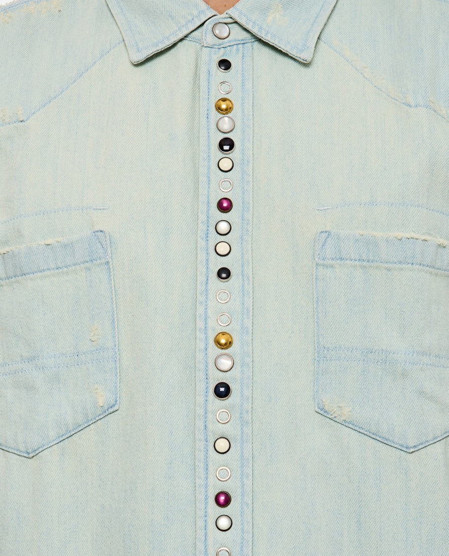 Light Faded Denim Striped Cotton Oxford Shirt