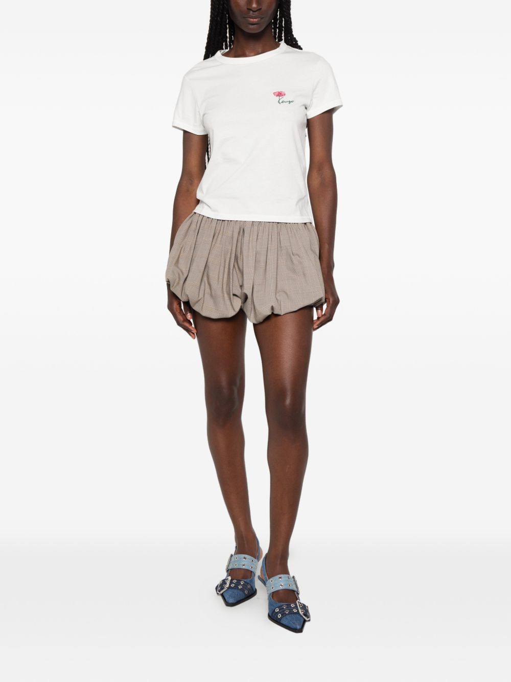 White Flower Embroidery Logo Crew Neck Top