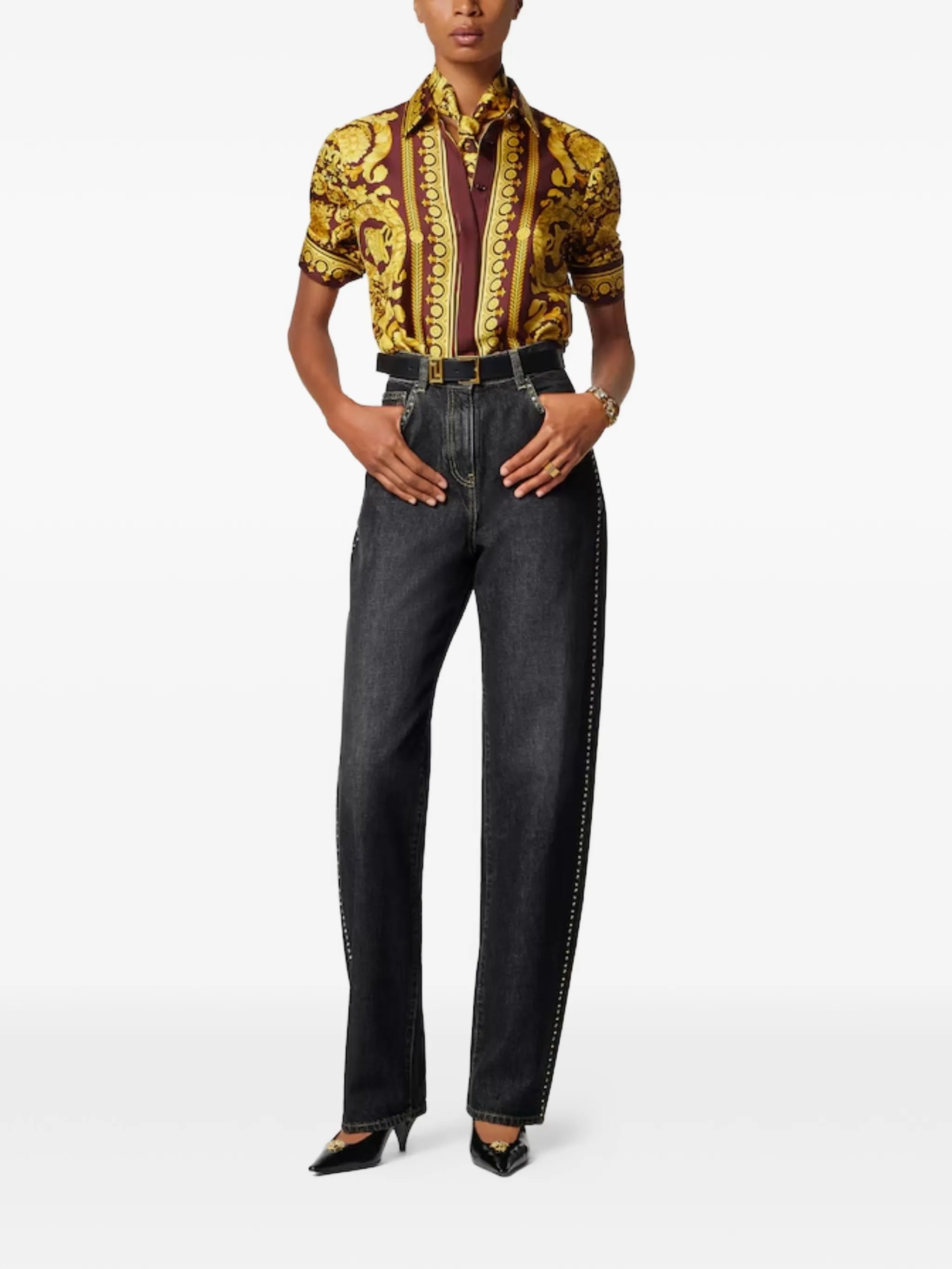 Dark Washed Wide-Leg Studded Denim Jeans