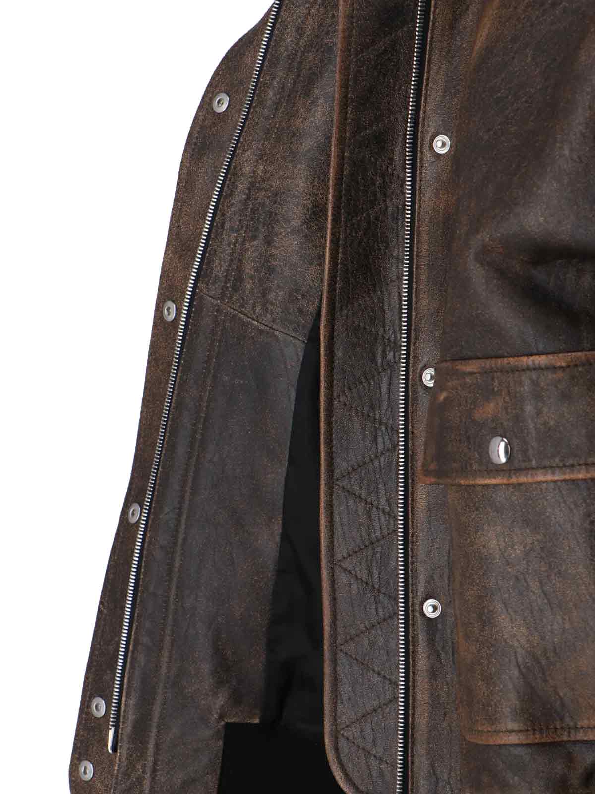Distressed Brown Leather Jacket with Shearling Collar