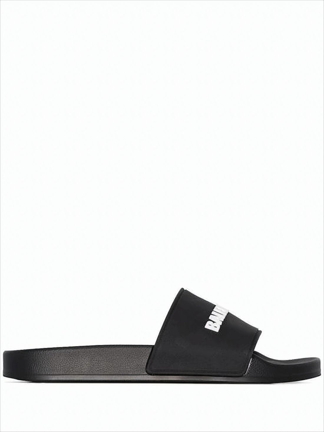 Contemporary Black Rubber Slide Sandals With Embossed Branding
