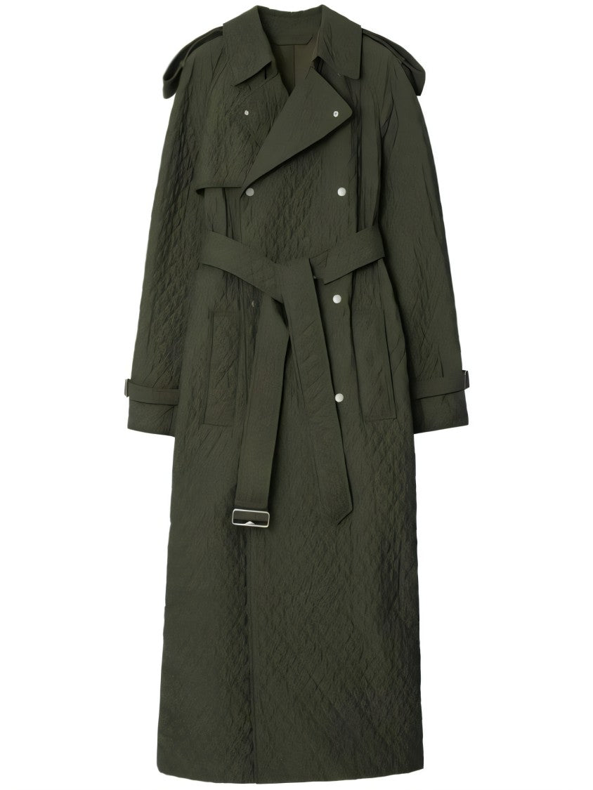Quilted Green Long Coat with Belted Waist