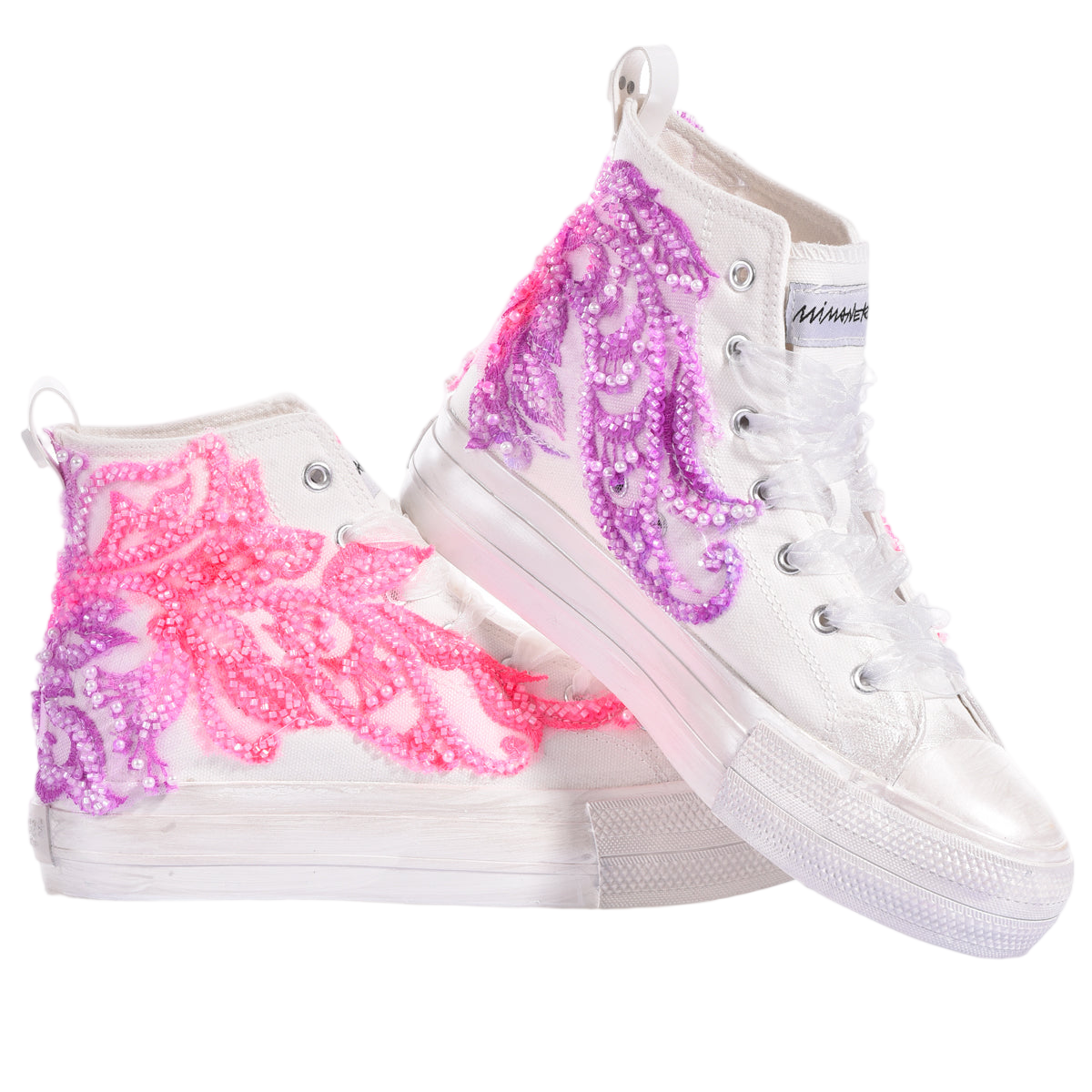 High-Top Platform Sneakers with Pearl Embellishments