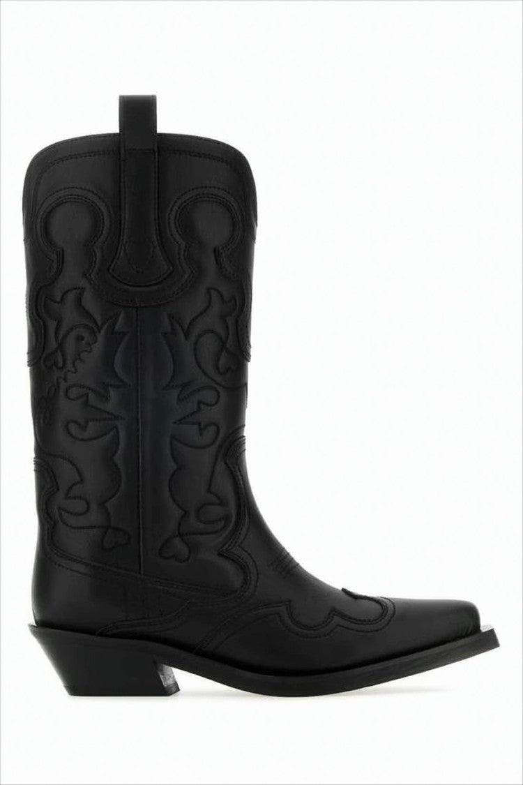 Mid-Calf Leather Boots with Tonal Embroidery and Angled Heel