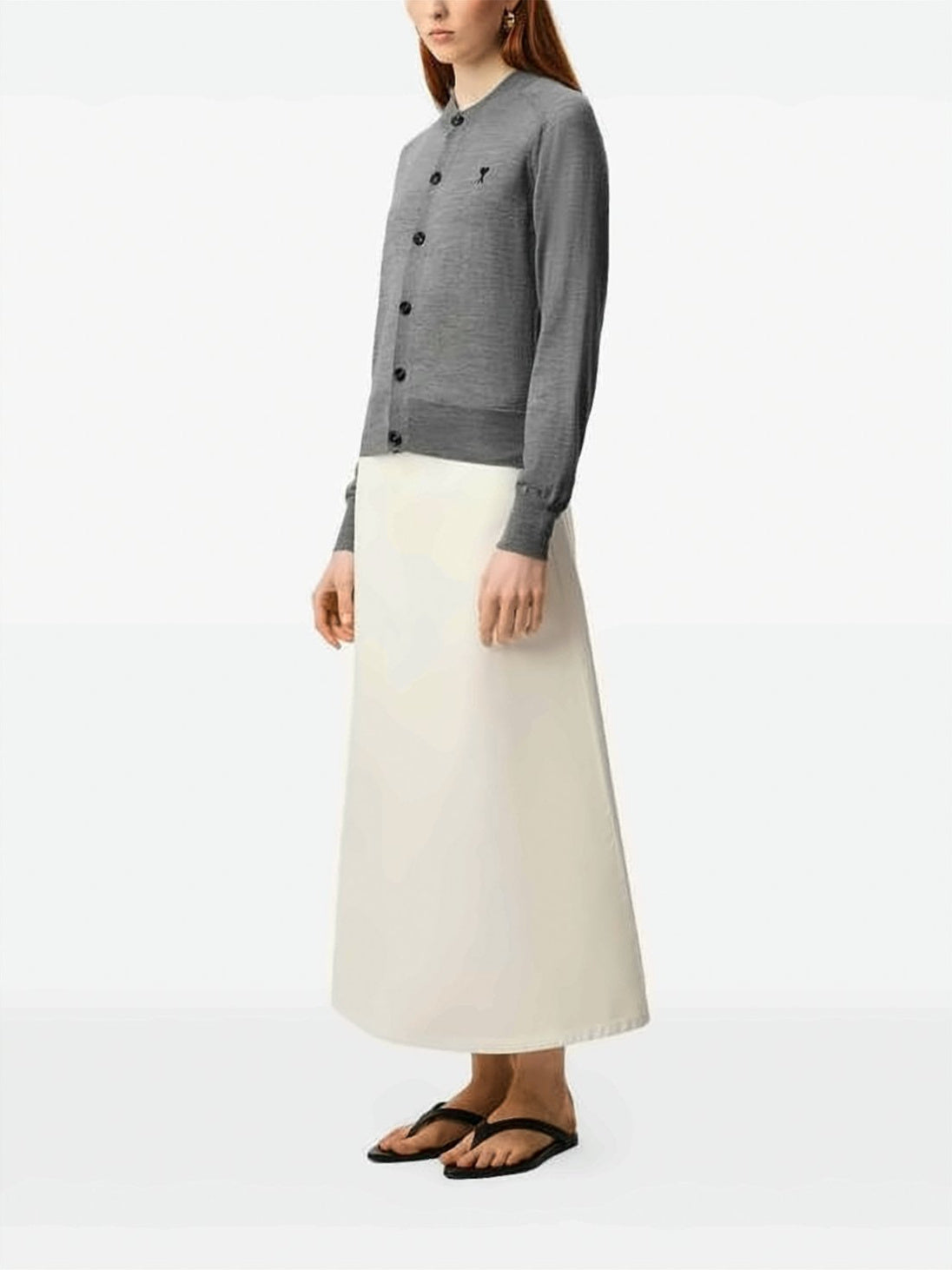 Crew Neck Wool Cardigan with Ribbed Details