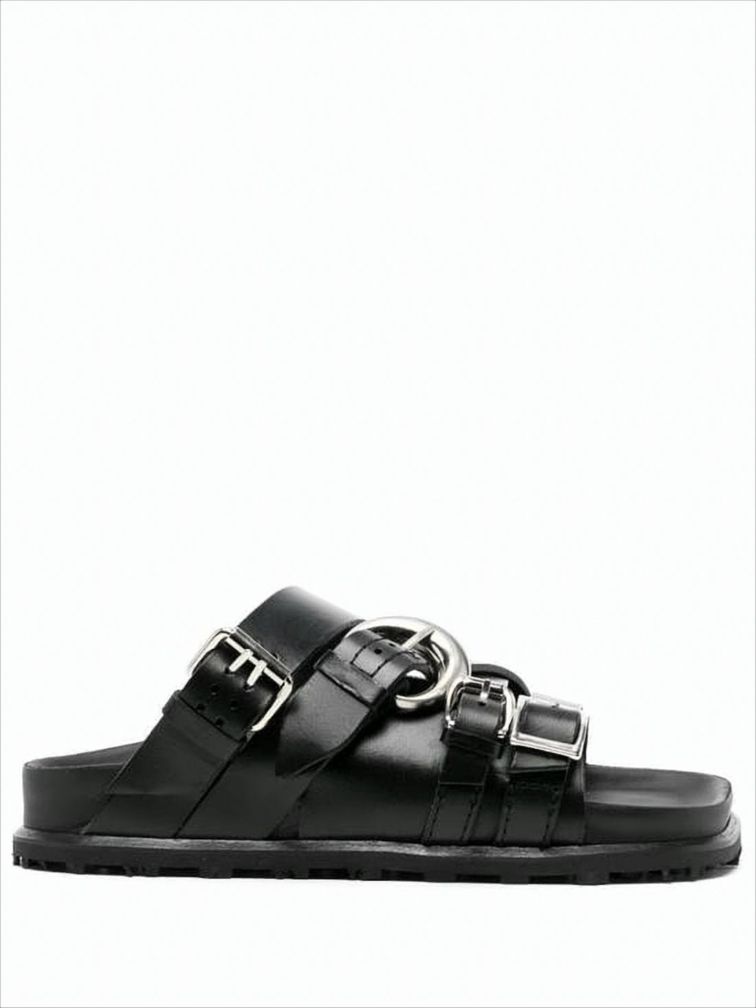 Black Leather Mule Sandal with Metallic Accents