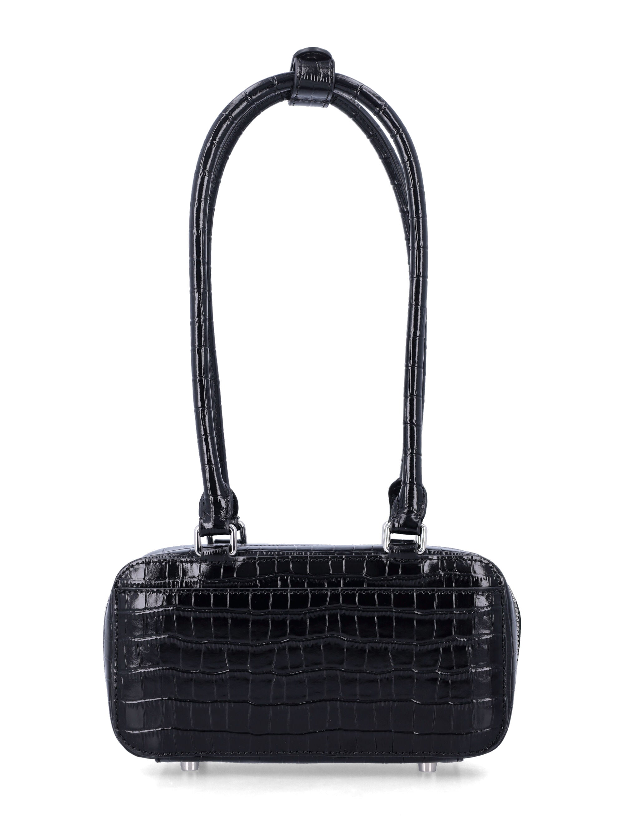 Compact Black Croc Mini Shoulder Bag With Front Zip Pockets