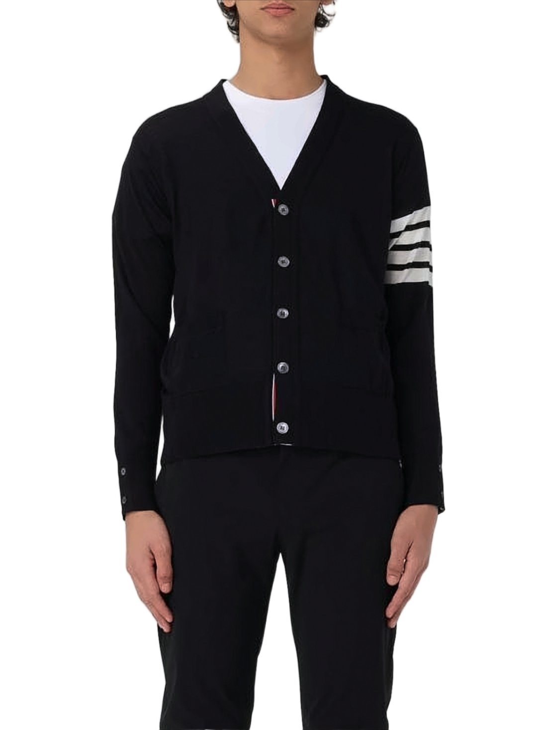 Black Wool Cardigan with Diagonal Stripe Armband and Tailored Fit