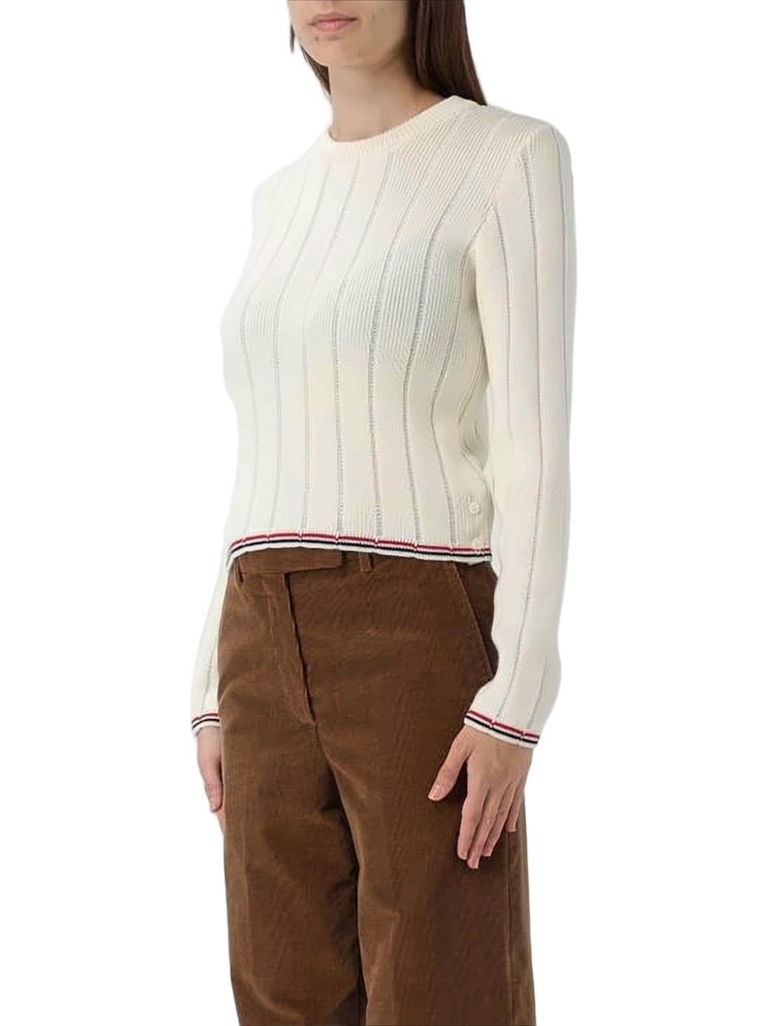 Cropped Ribbed Knit Sweater with Tricolor Details