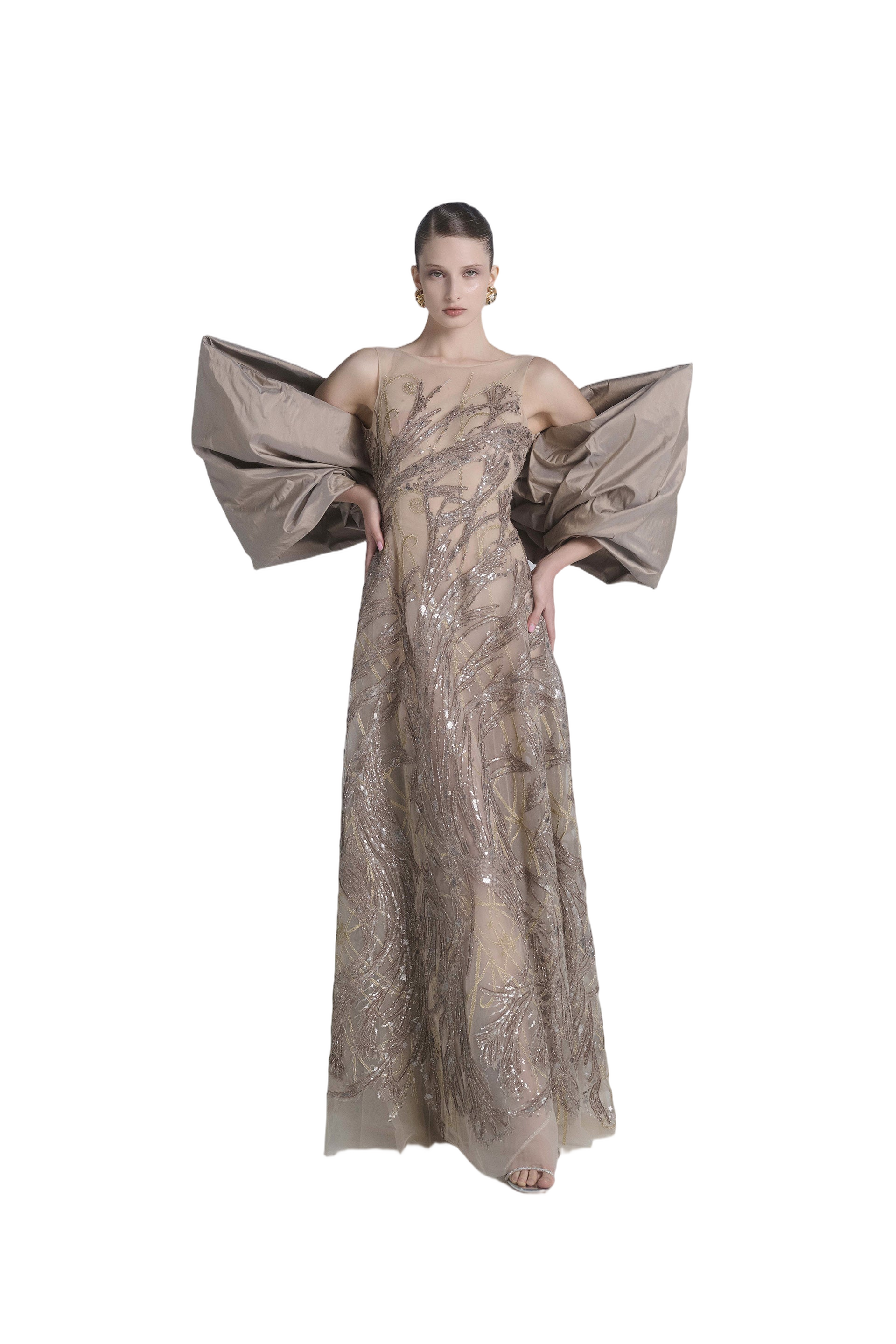 Embroidered Long Dress With Bow Cape