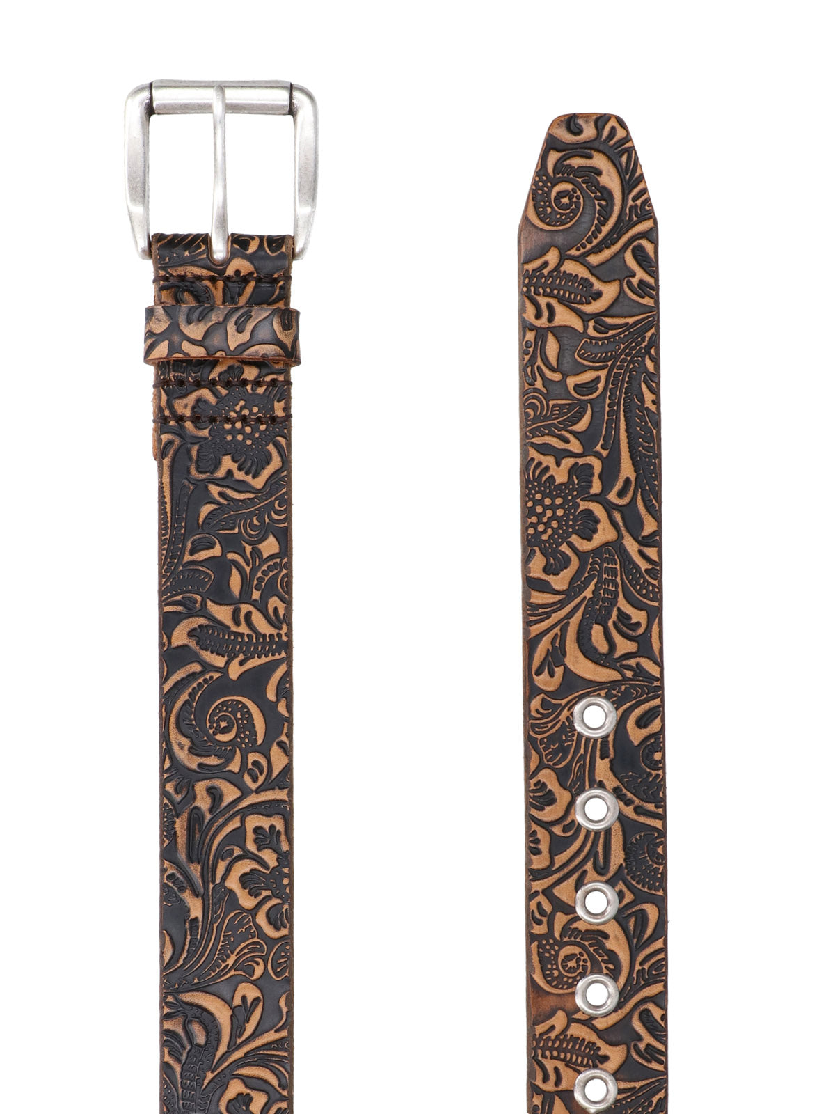 Black Paisley Printed Leather Belt