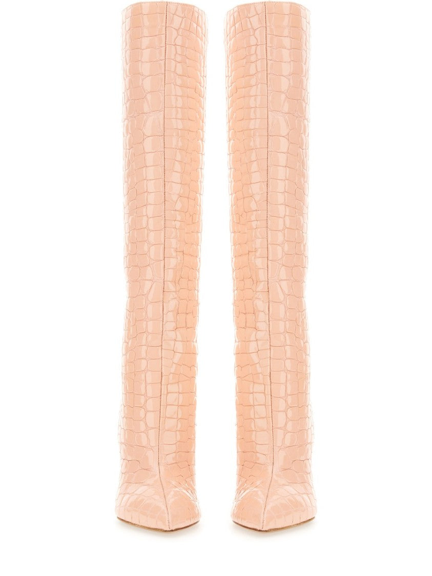 Knee-High Leather Boots With Glossy Crocodile Finish