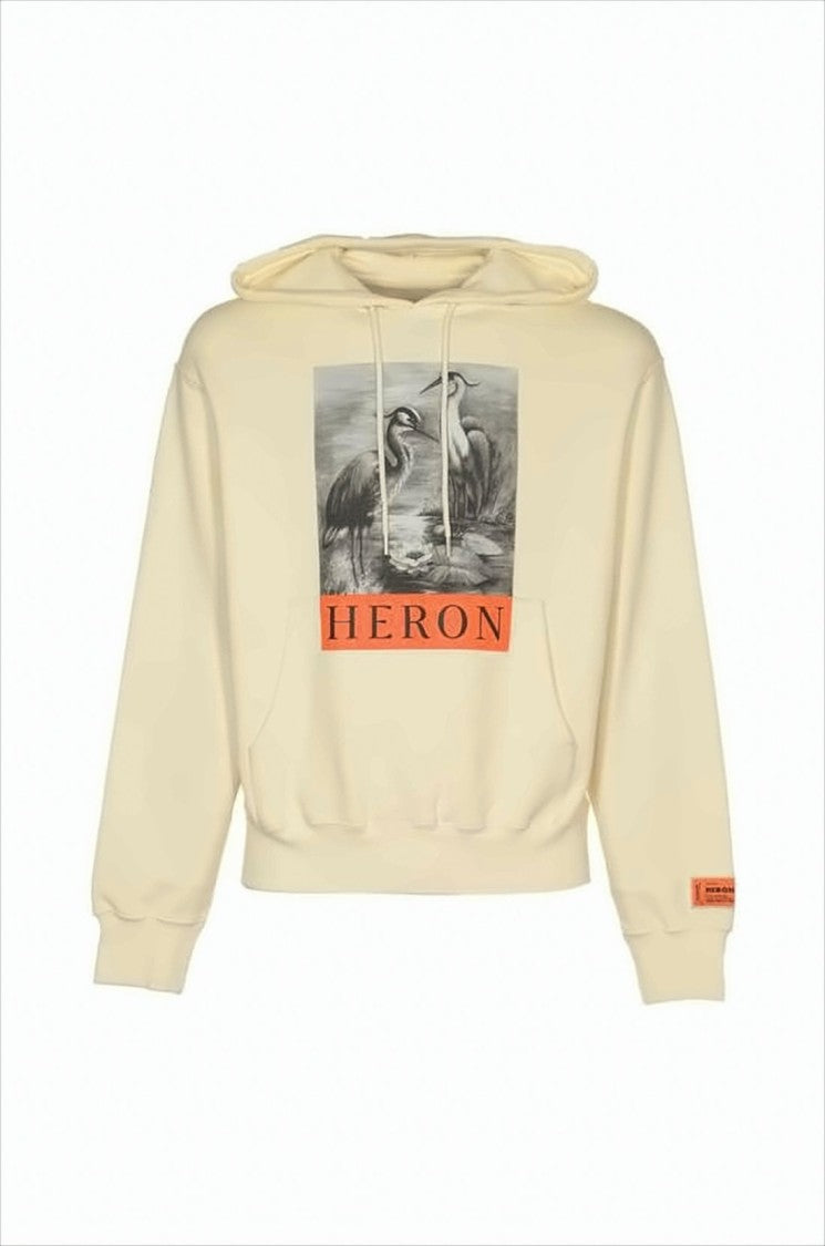 Cropped Beige Hoodie With Heron Illustration And Bold Patch