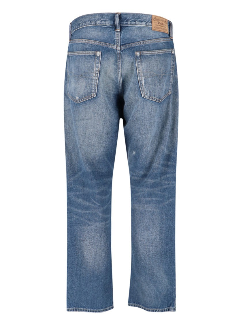 Straight-Leg Jeans In Medium Blue Denim With Distressed Finish