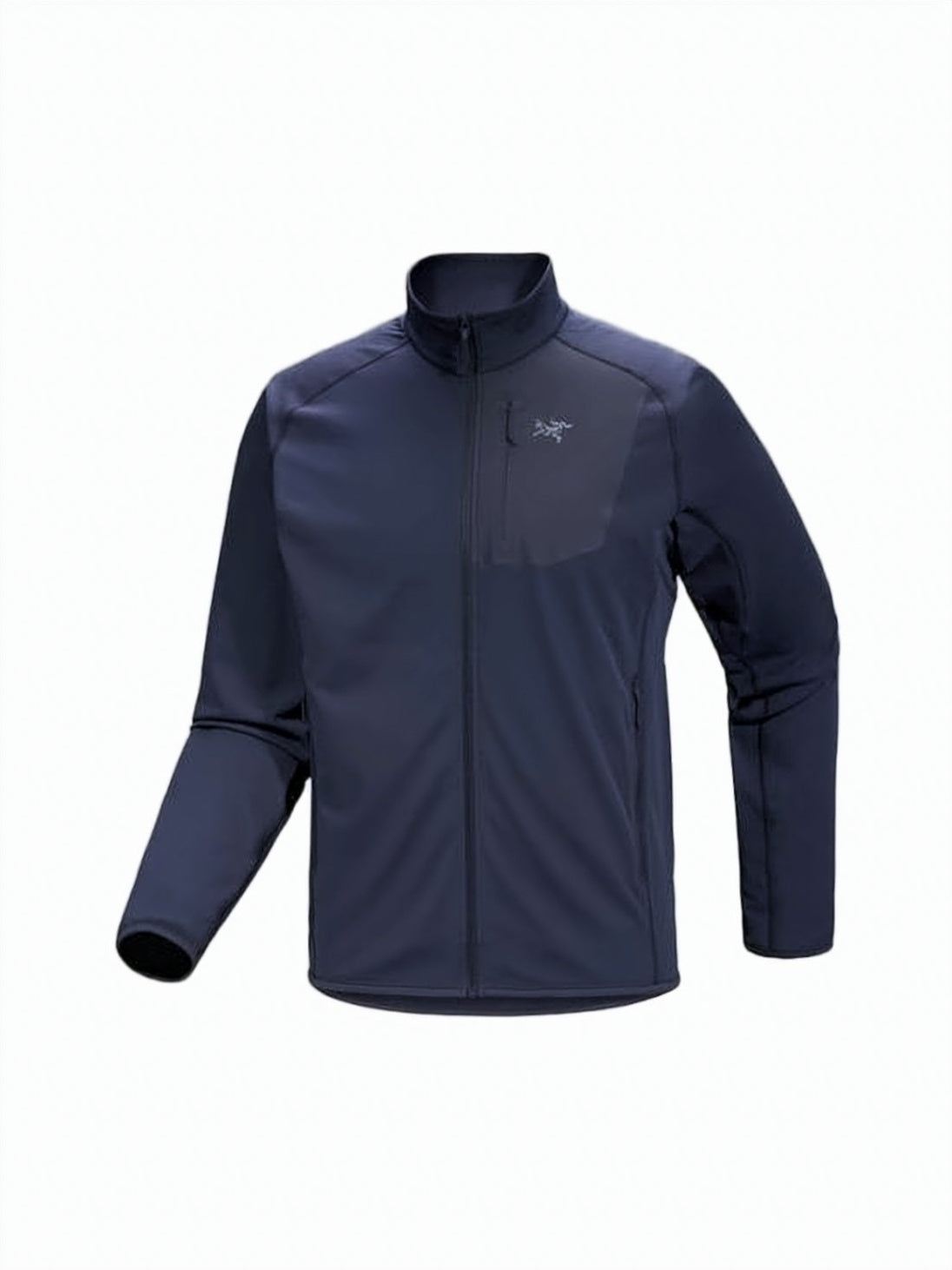 Fitted Blue Polyester Jacket with Stand-Up Collar