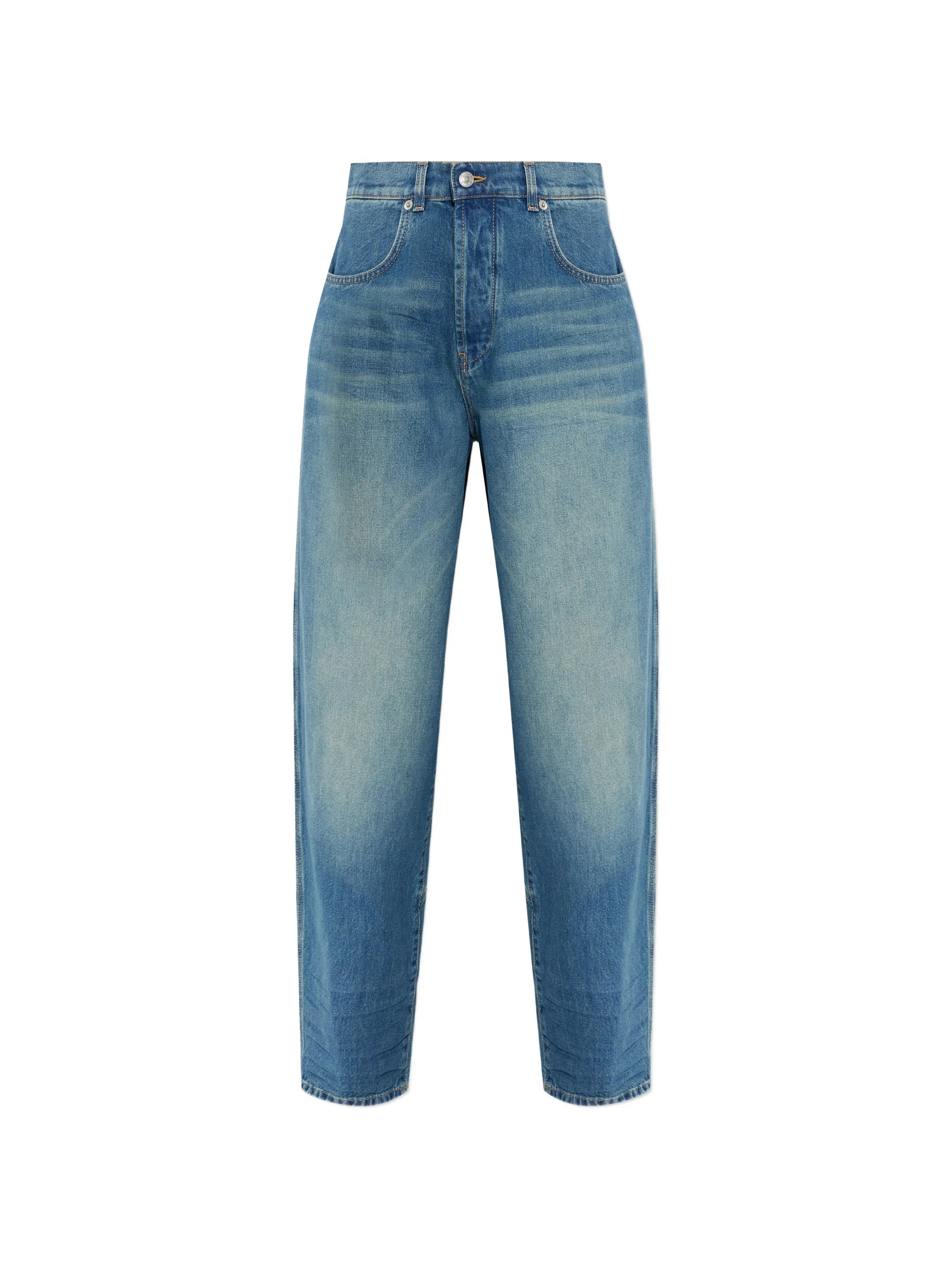 Mid-Blue Resin Treated Relaxed Fit Denim Jeans