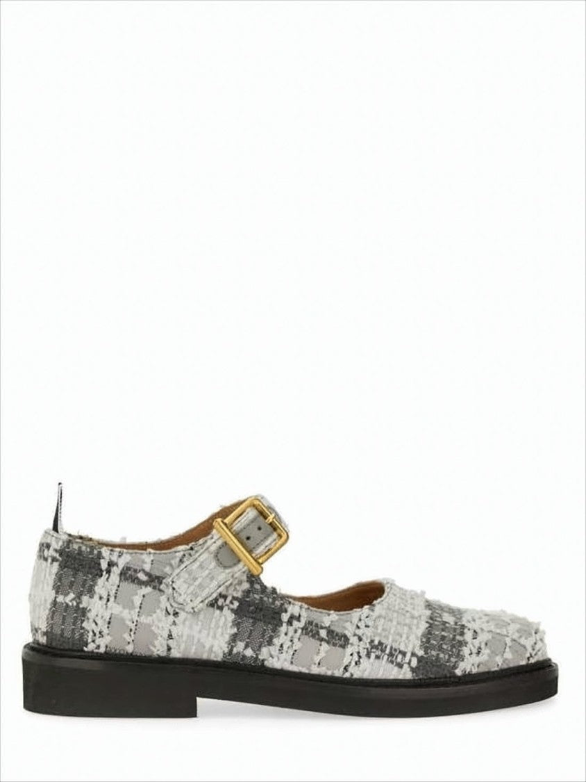 Textured Fabric Mary Jane Flats with Gold-tone Buckle