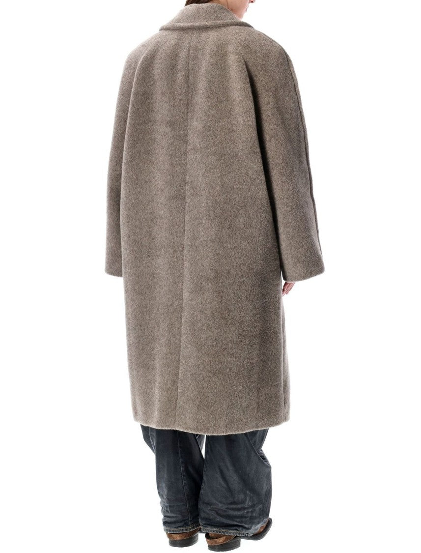 Double-Breasted Grey Coat With Wide Notched Collar And Oversized Silhouette