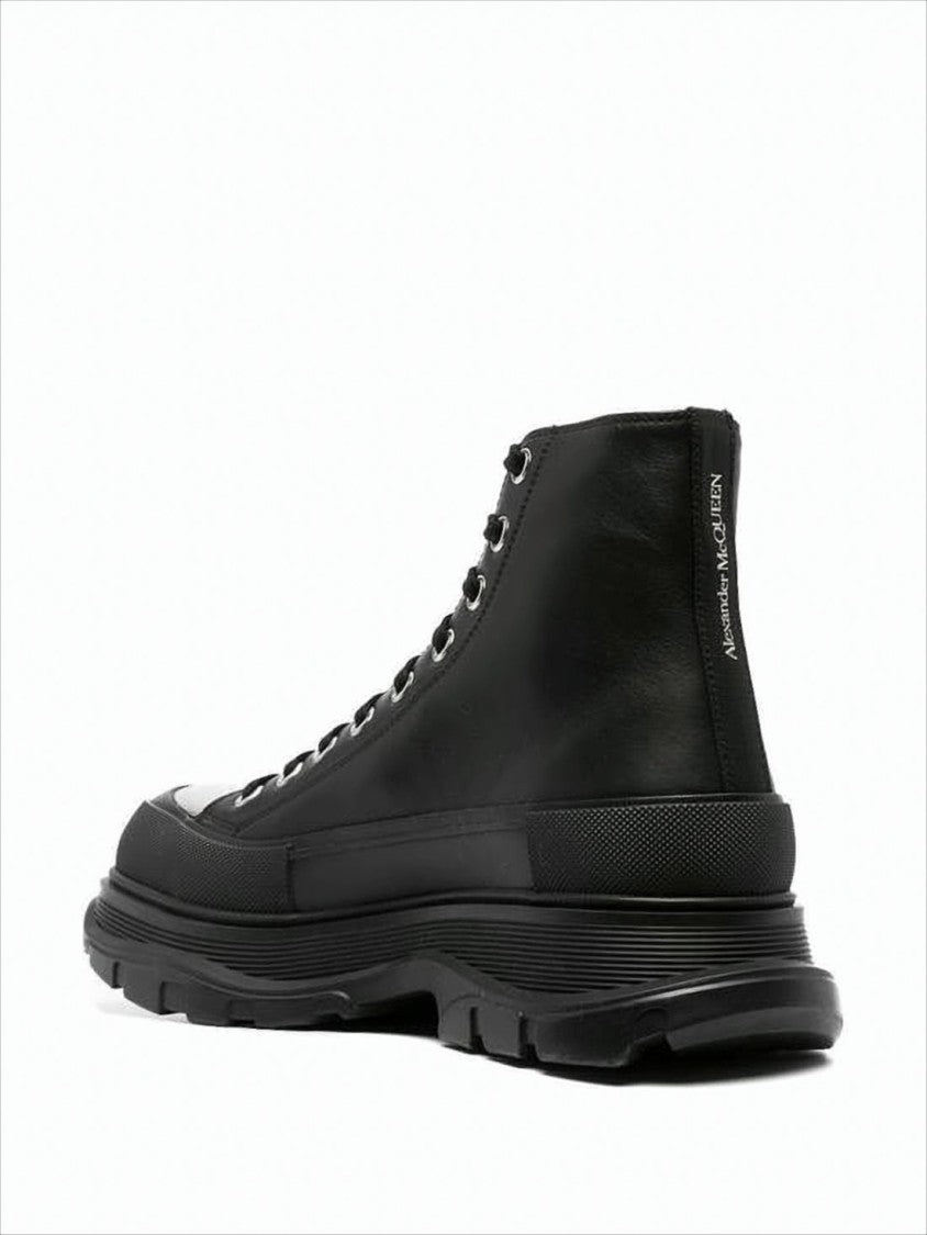 High-Top Leather Boots with Metallic Cap Toe