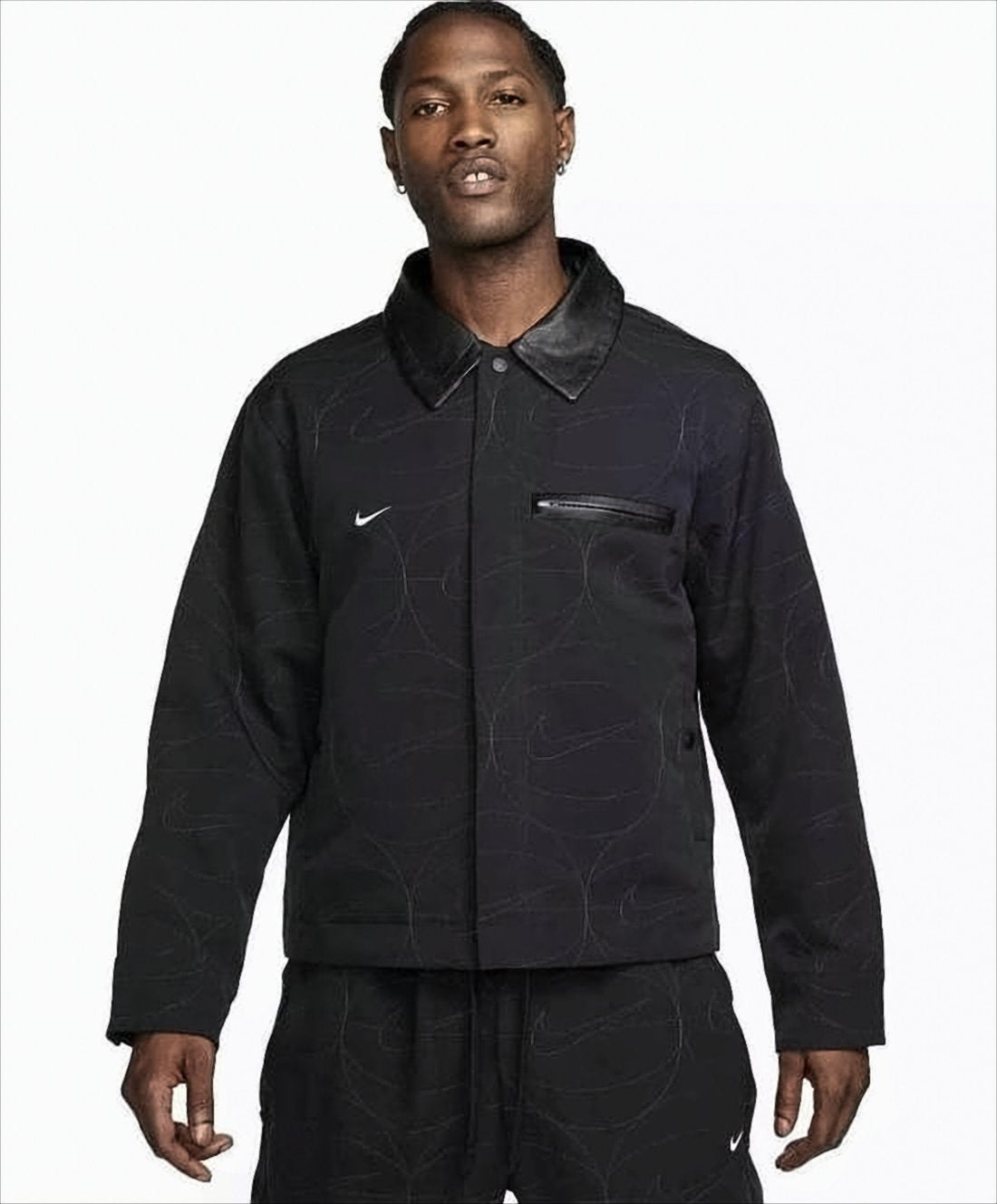 Black Basketball-Themed Jacket with Leather Collar