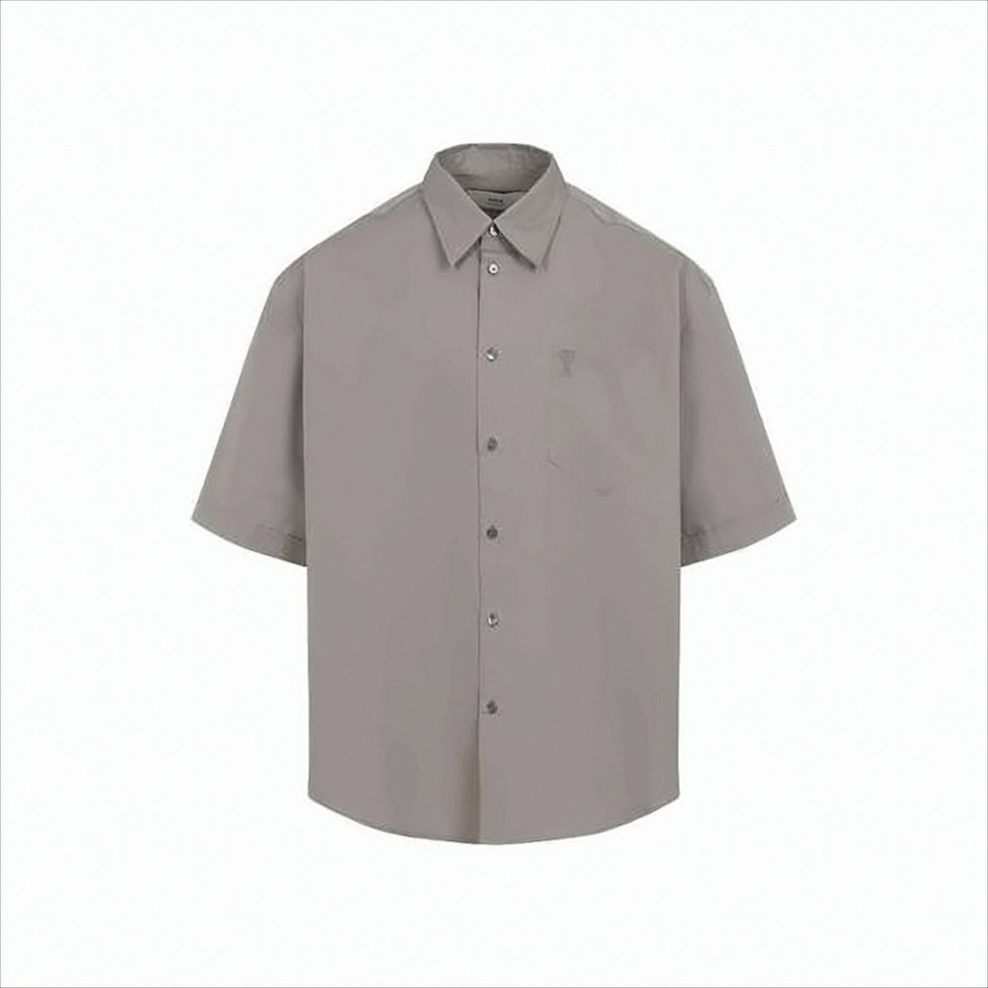Short-Sleeve Grey Classic Cotton Shirt with Embroidered Detail