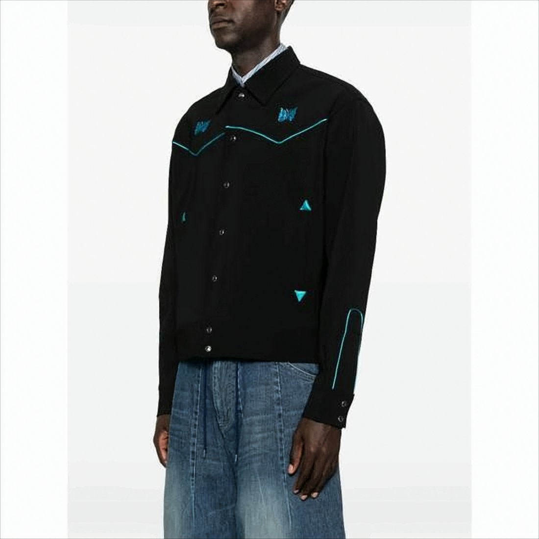 Embroidered Black Jacket with Turquoise Butterfly Motifs