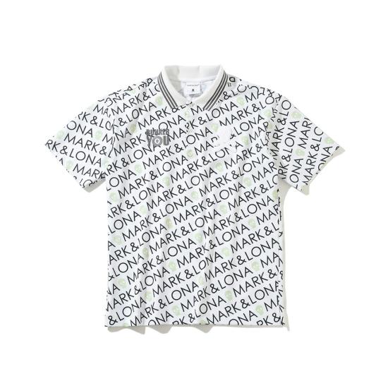 All-Over Text Pattern Polo Shirt with Contrasting Stripes