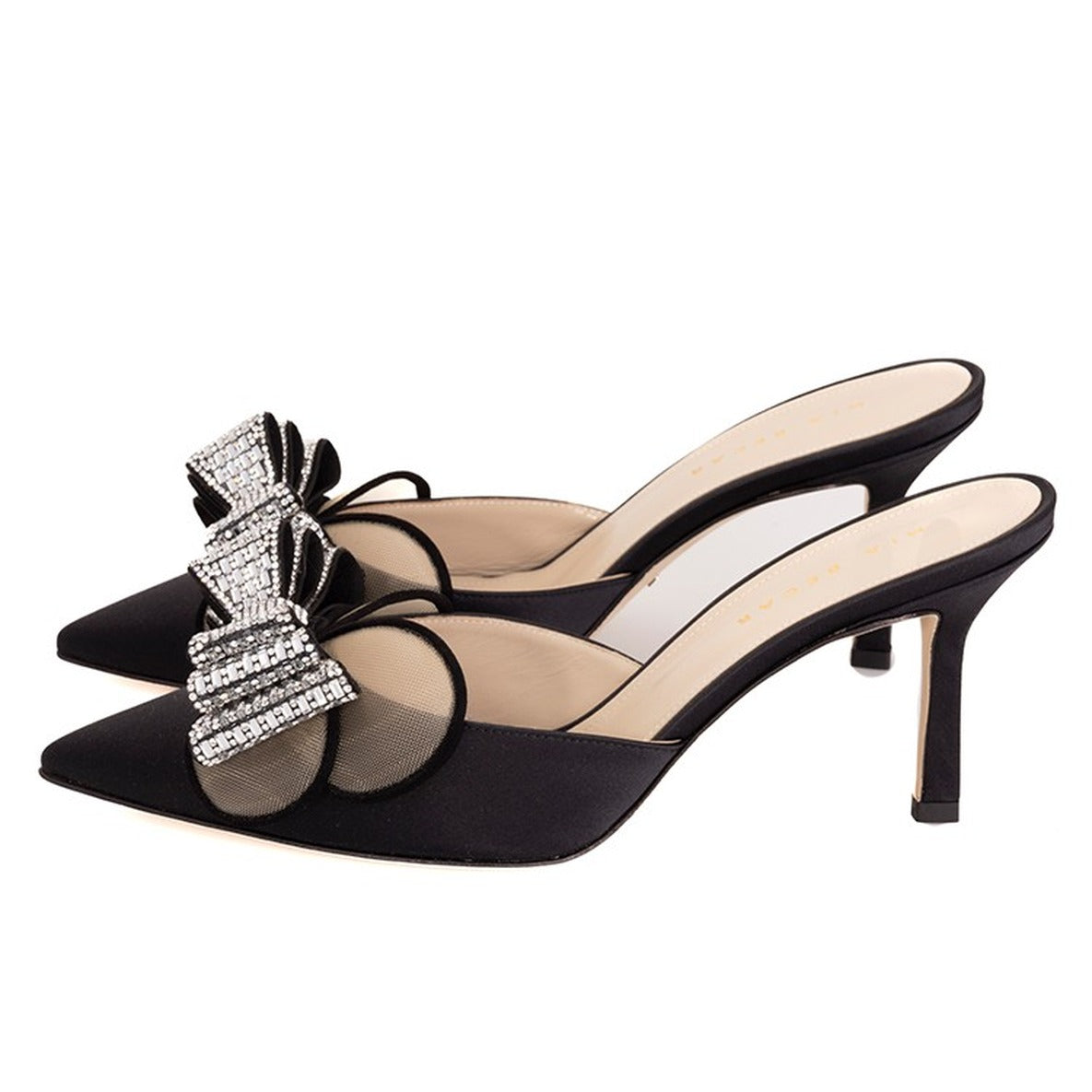 Satin-Embellished Black Sandals With Pointed Toe Design