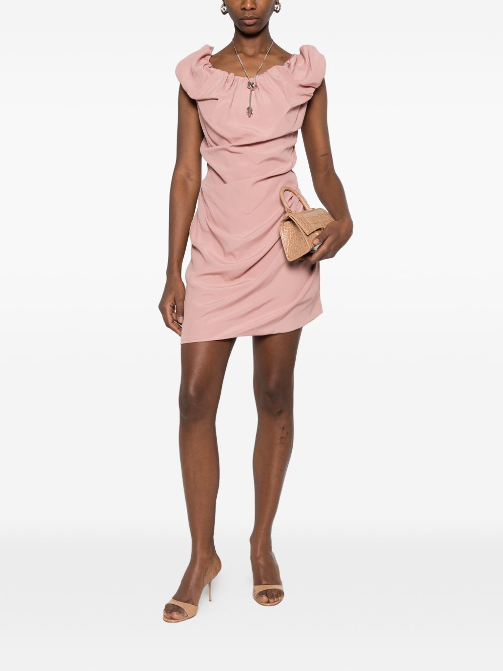 Ruched Mini Dress With Sculptural Off-Shoulder Neckline