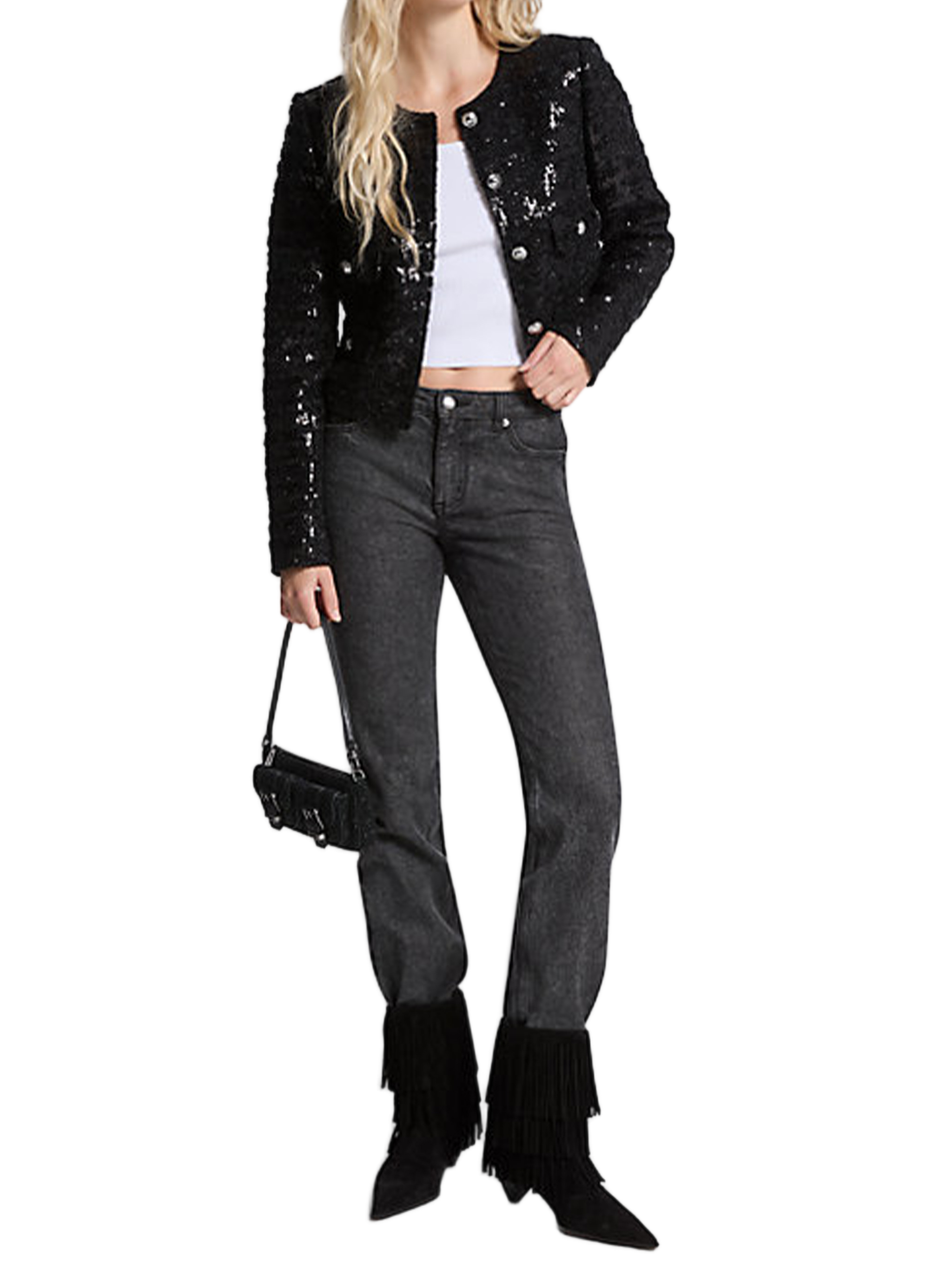 Cropped Tweed Textured Fabric Jacket
